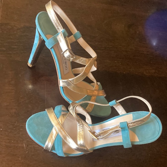 Jimmy Choo. 4” Teal-Gold. Metallic. Adjustable strap. Comfortable. Size 37 - Picture 6 of 10